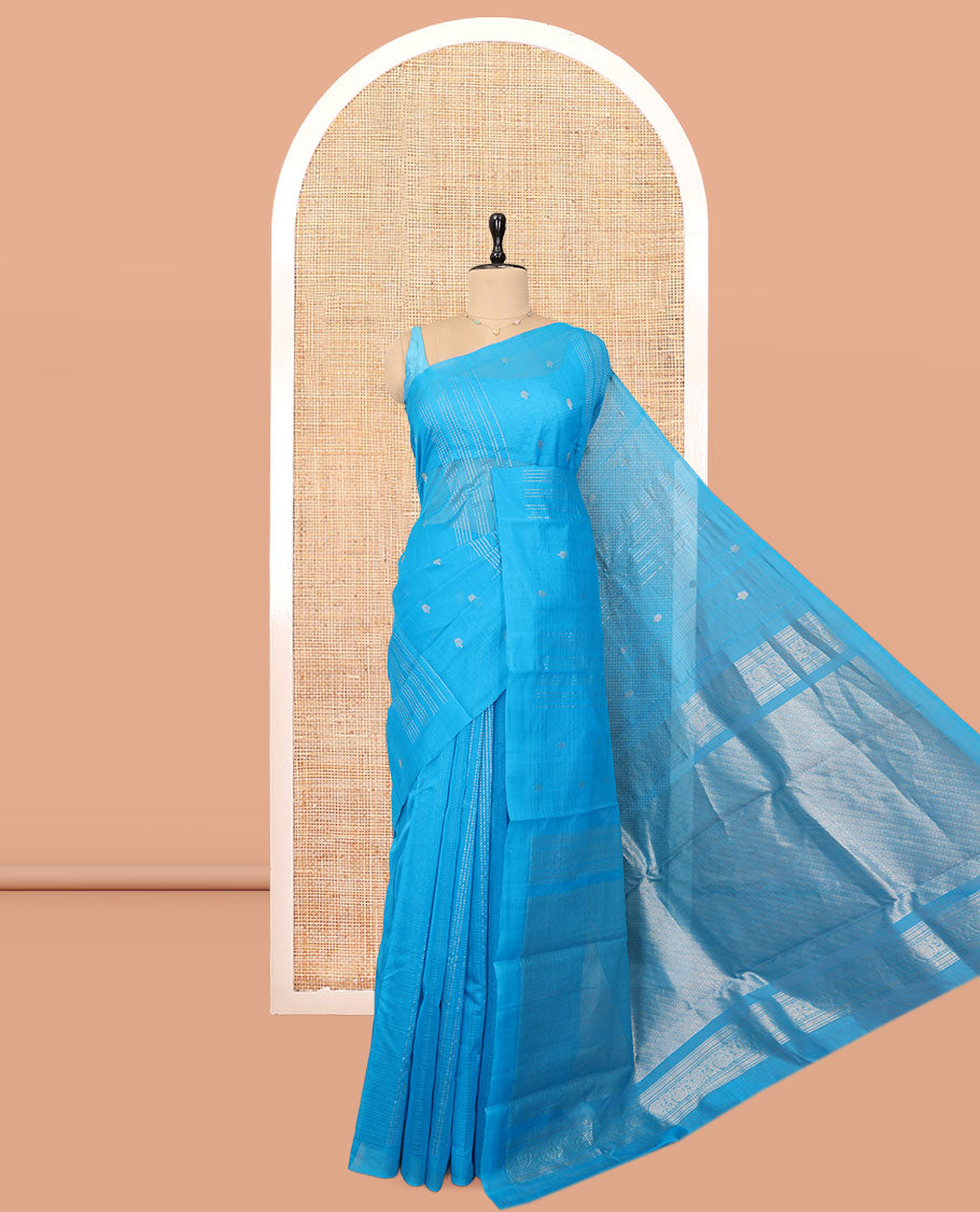 Borderless Blue Silk Cotton Saree, Steeped with Zari Stripes and Buttas, Diagonally Striped Pallu, and a Matching Blouse