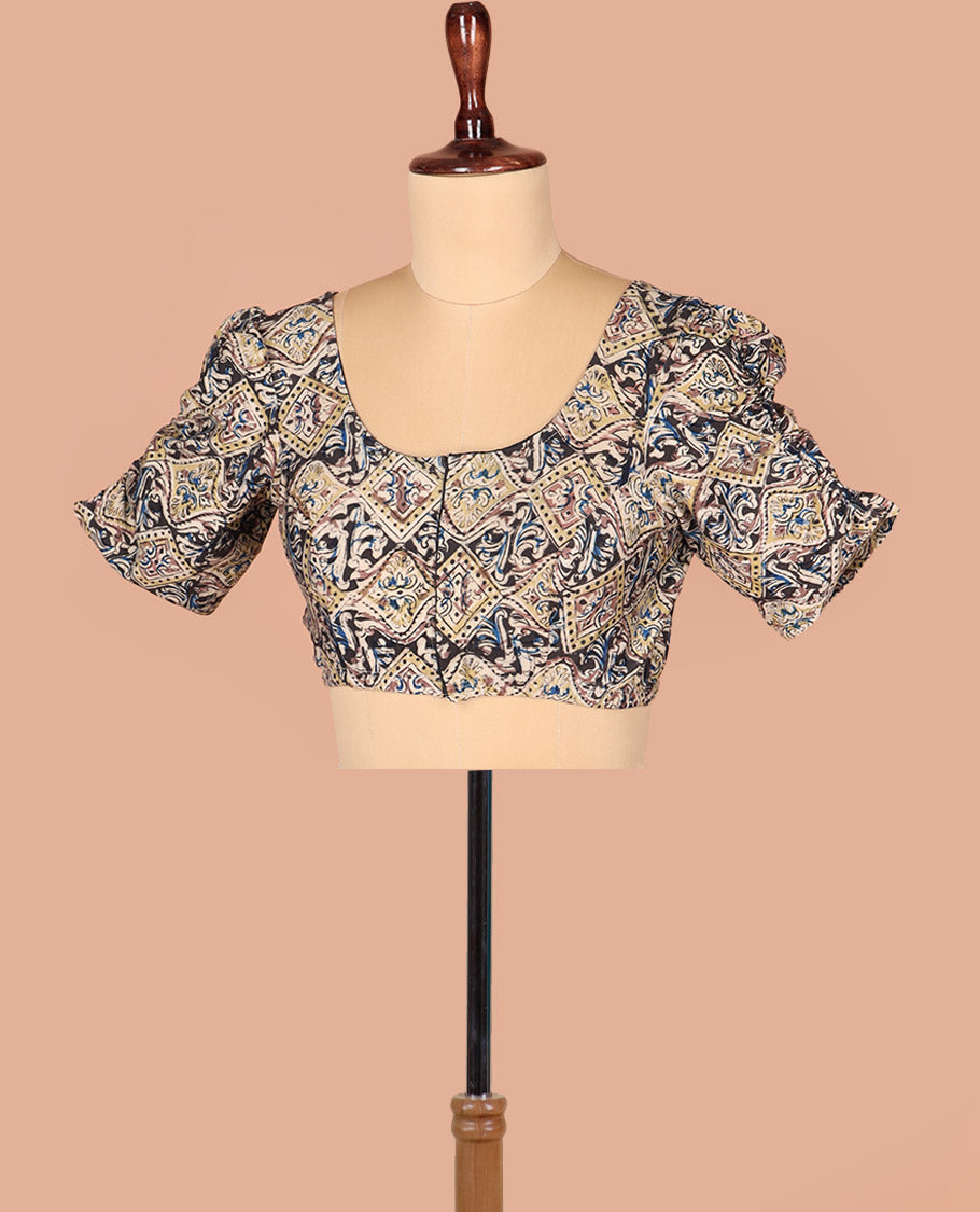 Multi-Color Readymade Blouse Beautifully Bedecked with Geometric Print, Featuring Front Round-Neck, Back Round Neck, and Puff Sleeves
