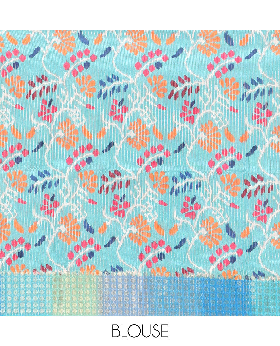 Rama Plain Matka Silk Fancy Saree , Small Polka Dots Woven Temple contrast Border, Pallu Steeped with Polka Dots, and Paired with a Patola-Style Floral Printed Blouse