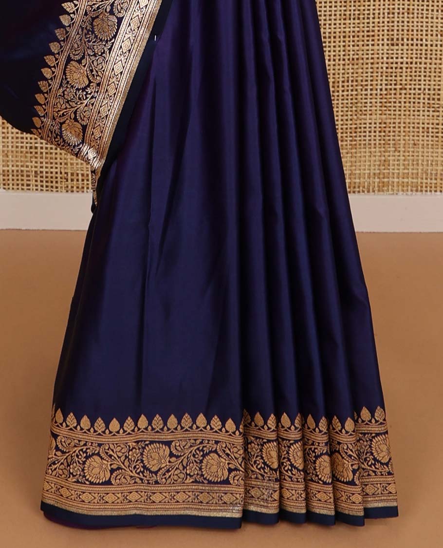 Dark blue semi banaras nylon saree with self floral design border & floral design pallu