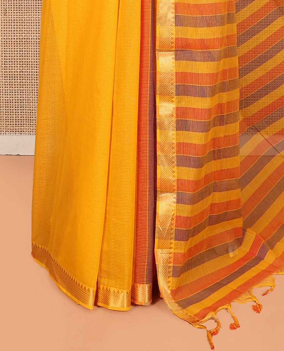 Orange Plain Andhra Cotton Saree Featuring Temple Zari Border, Contrast Striped Pallu, and a Contrast Blouse