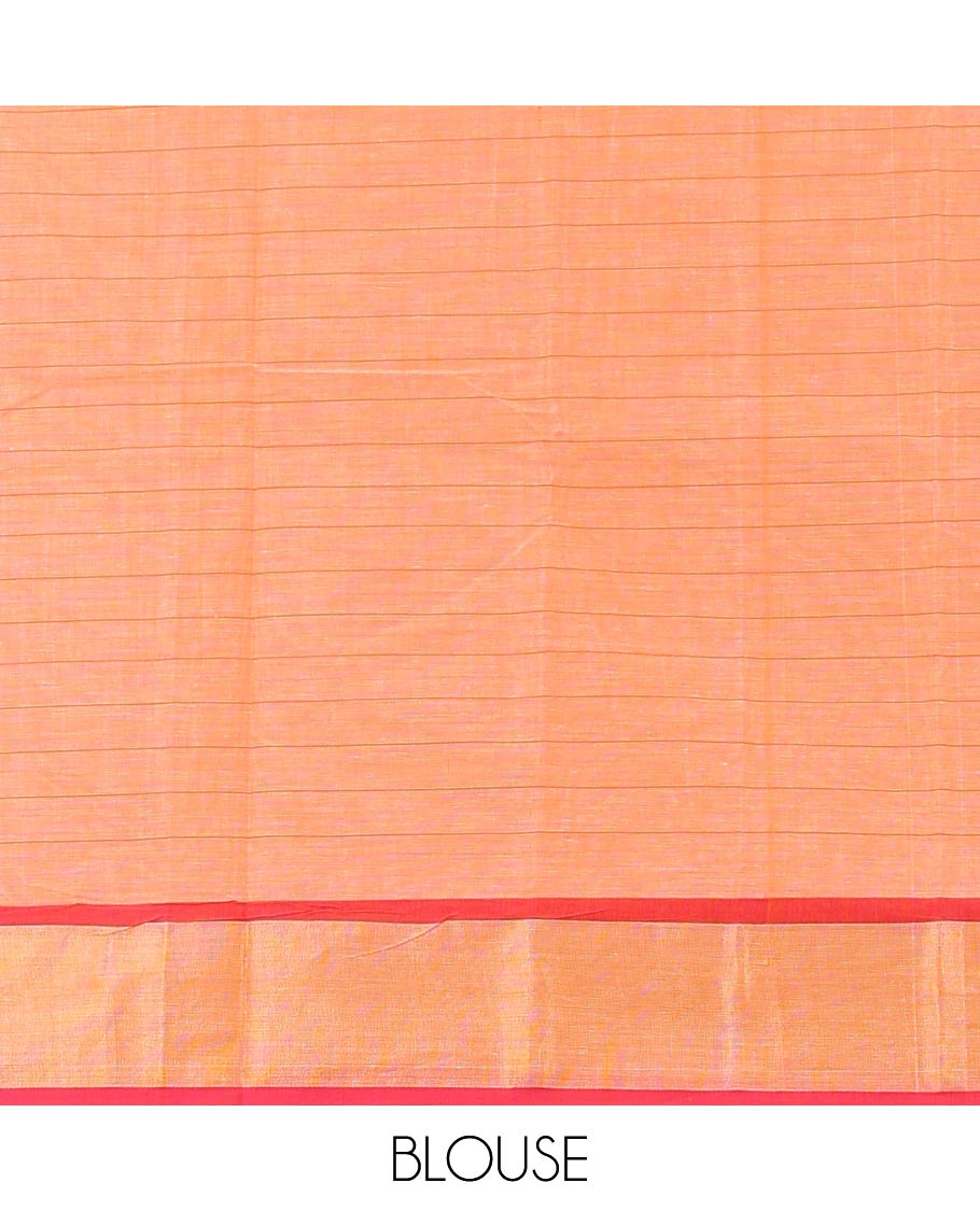 Red checked , floral design chirla cottton saree with contrast striped border & floral, checked design pallu