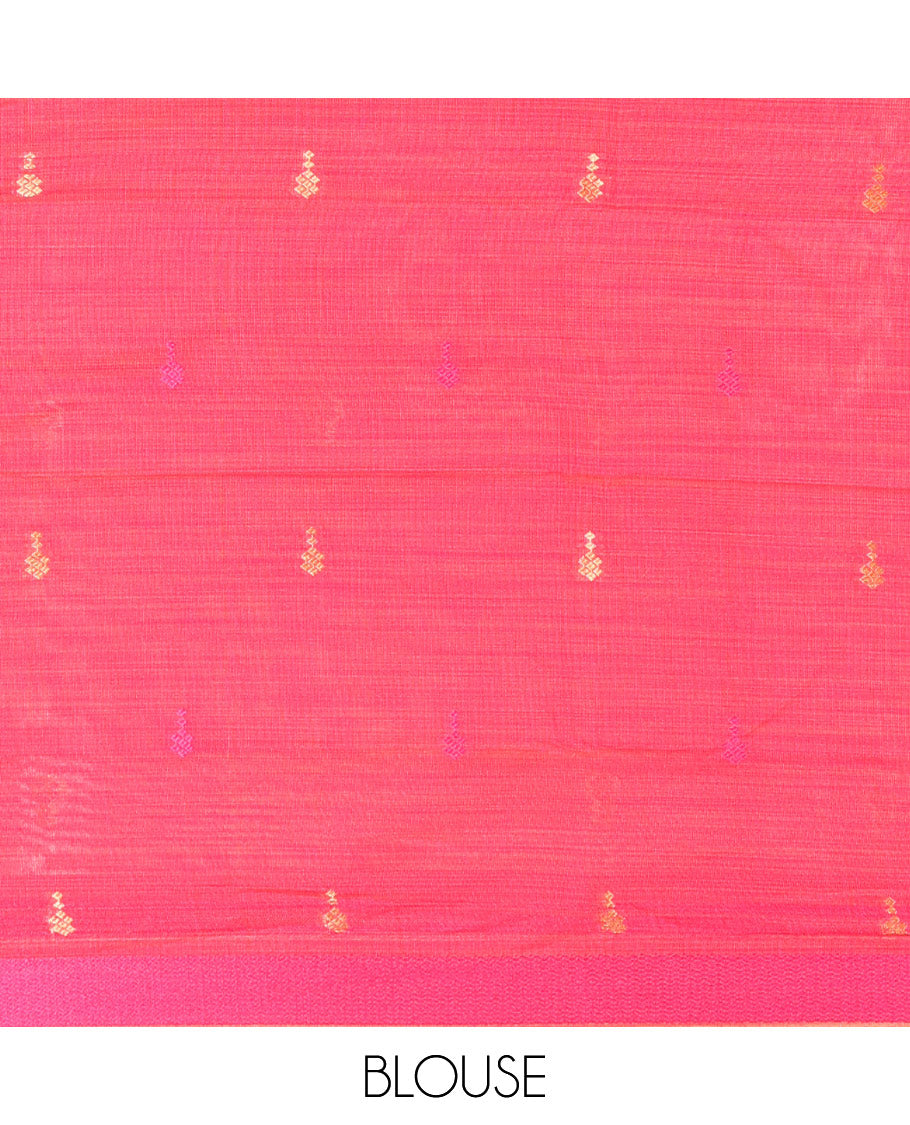 Chikku Slub Cotton Saree Prettified with Resham Thread Buttas All Over Its Body, Subtly Woven Thread Border of Diamond Design, Captivating Contrasting Thread Work Pallu, and a Contrast Blouse