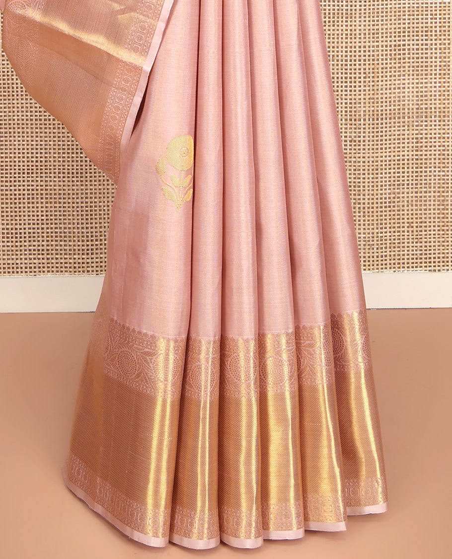 Rose Gold Kanchipuram Silk Saree, Delicately Woven with Floral Buttas All Over Its Body, Highlighted by Zari Border of Thilakam Mokku, Neli, Poun, and Kodi Visiry Designs, Gleaming Pallu, and Paired with a Matching Blouse
