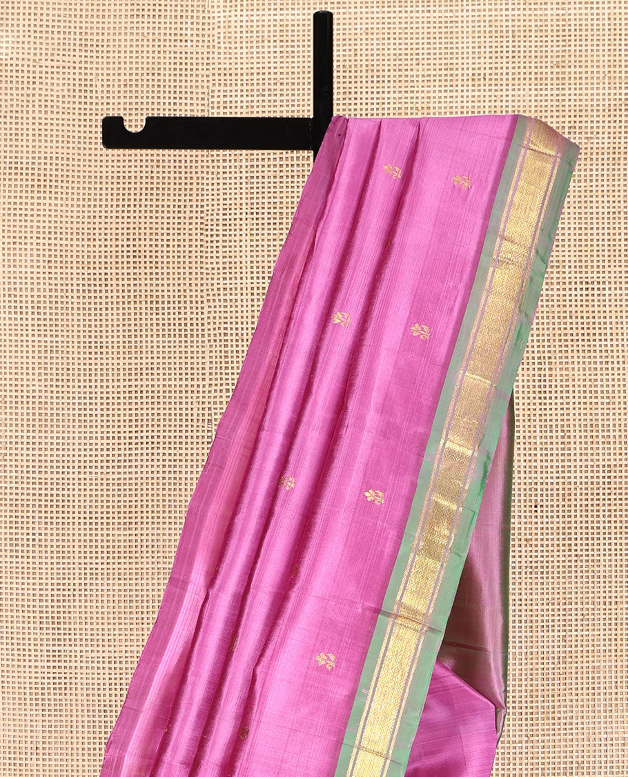 Pink Kanchipuram Silk Saree, Crafted with Zari Buttas, Complemented by a Contrast One-Sided Border of Banaras and Jaal Designs, Grand Pallu, and No Blouse