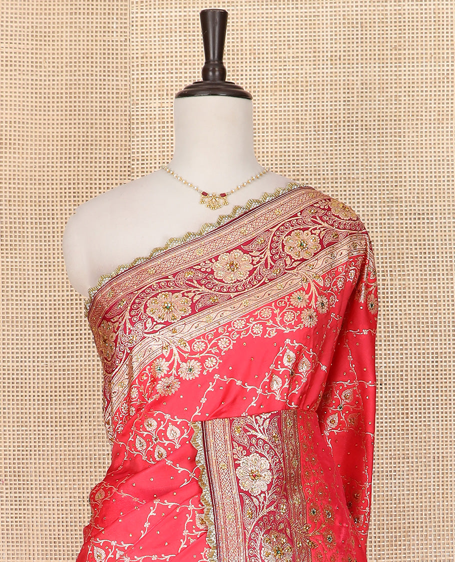 Pink Art Vastrakala Silk Saree Accentuated with Jacquard with Stone Work All Over Its Body, Complemented by a Contrast Floral Creeper Zari Stone Work Lace Border, Mughal-Style Pallu Detailed in Zari and Stone Work, and Paired with a Contrast Blouse