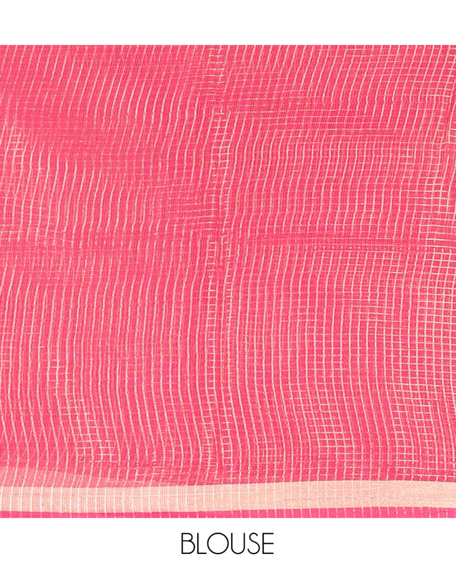 Rani Pink Kota Doria Saree, Adorned with Zari Checks and Floral Embroidery, a Piping Border, Matching Blouse