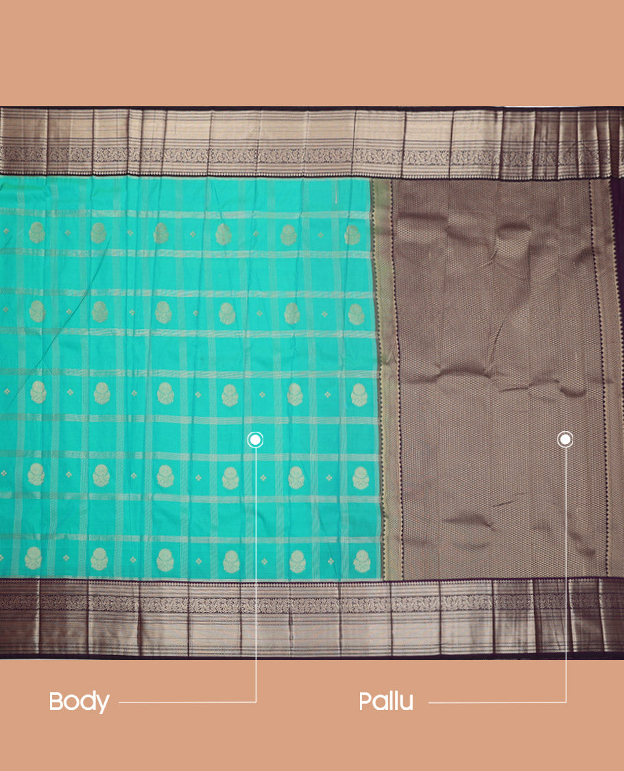 Turquoise Budget Silk Saree, Finely Crafted with Zari Butta Enclosed Checks, Complemented by a Contrast Traditional Zari Border, Jaal Pallu, and a Contrast Blouse