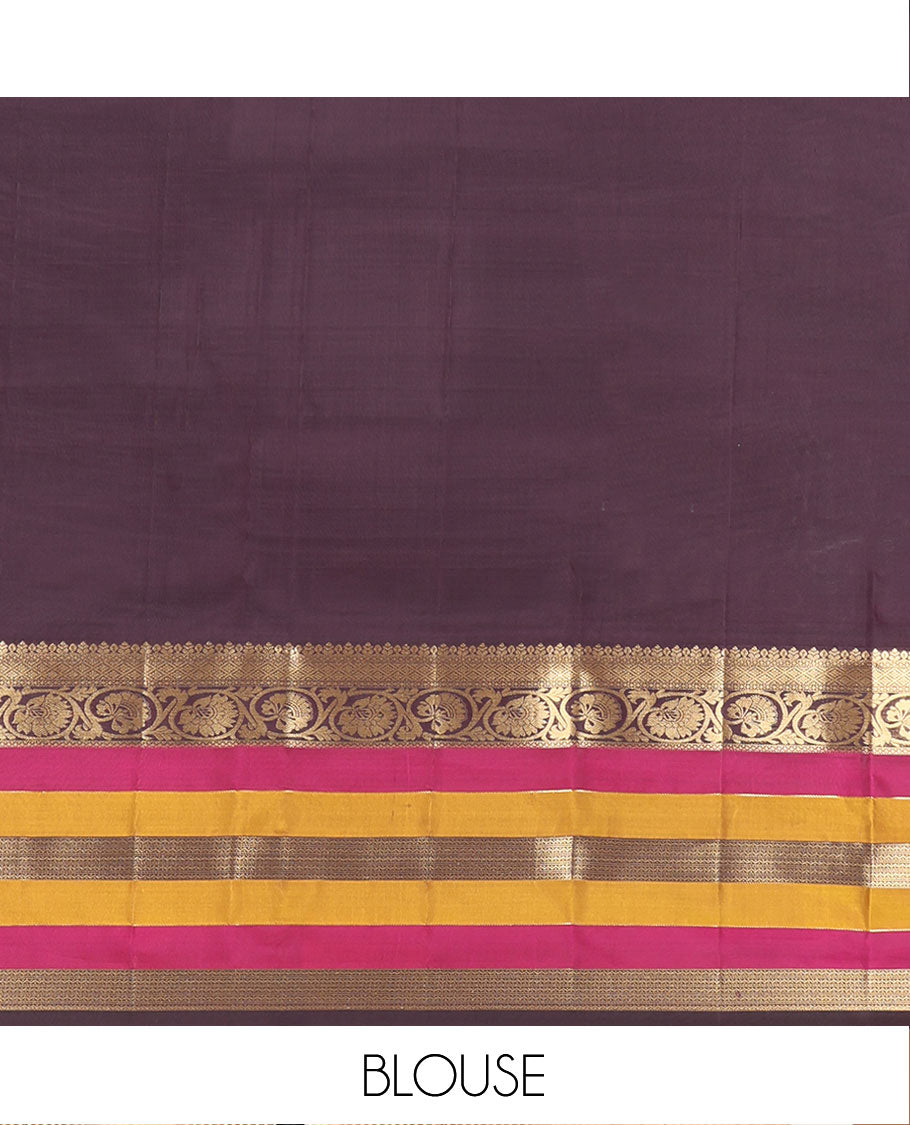 Burgundy Vasundhara Lite Silk Mix Saree, Detailed with Zari Buttas on Its Body, Complemented by a Contrast Border of Jaal, Kodi Visiry, and Neli Designs, Grand Ogee-Patterned Pallu, and Paired with a Contrast Blouse