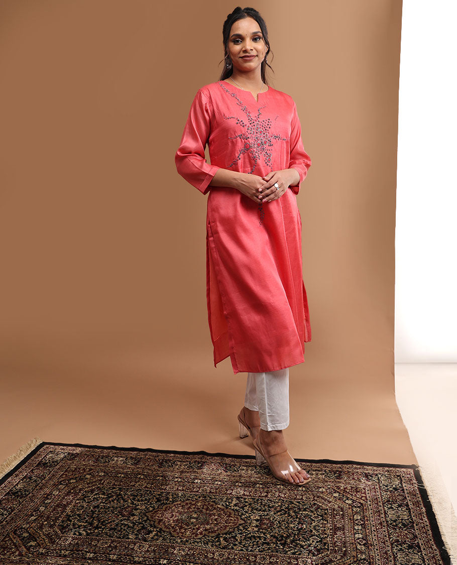 Red embroidery v neck , 3/4 th sleeve , below knee length kurti