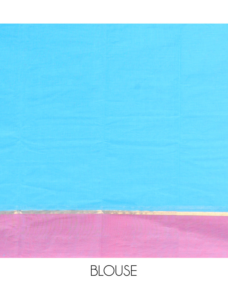 Blue Kanchi Cotton Saree, Adorned with Buttas on Its Body, Contrast Unique Motifs Border, Pallu of Intricate Design, and a Matching Blouse