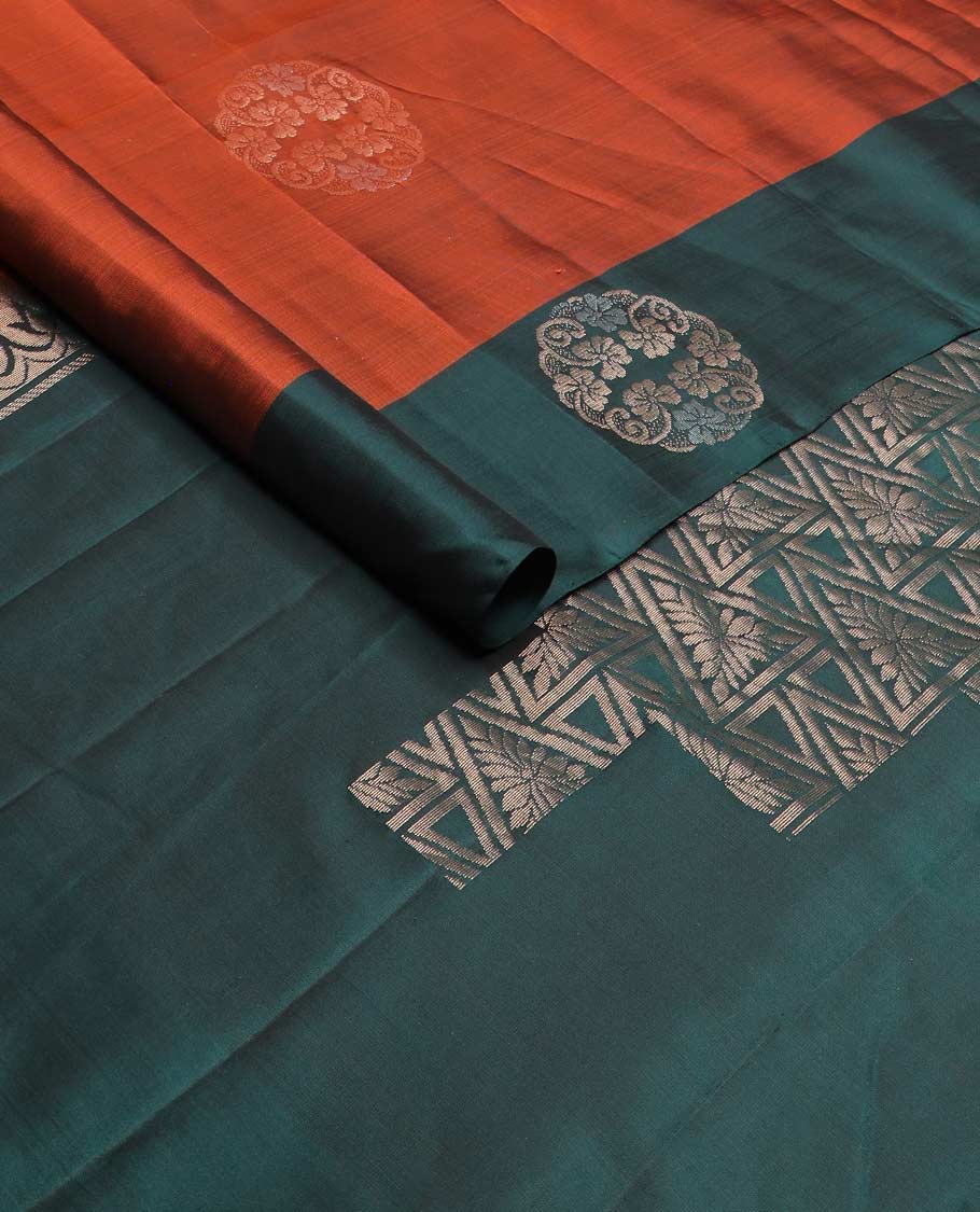 Rust circular-shaped zari buttas silk mix saree, contrast circular-shaped buttas border & geometric patterned pallu