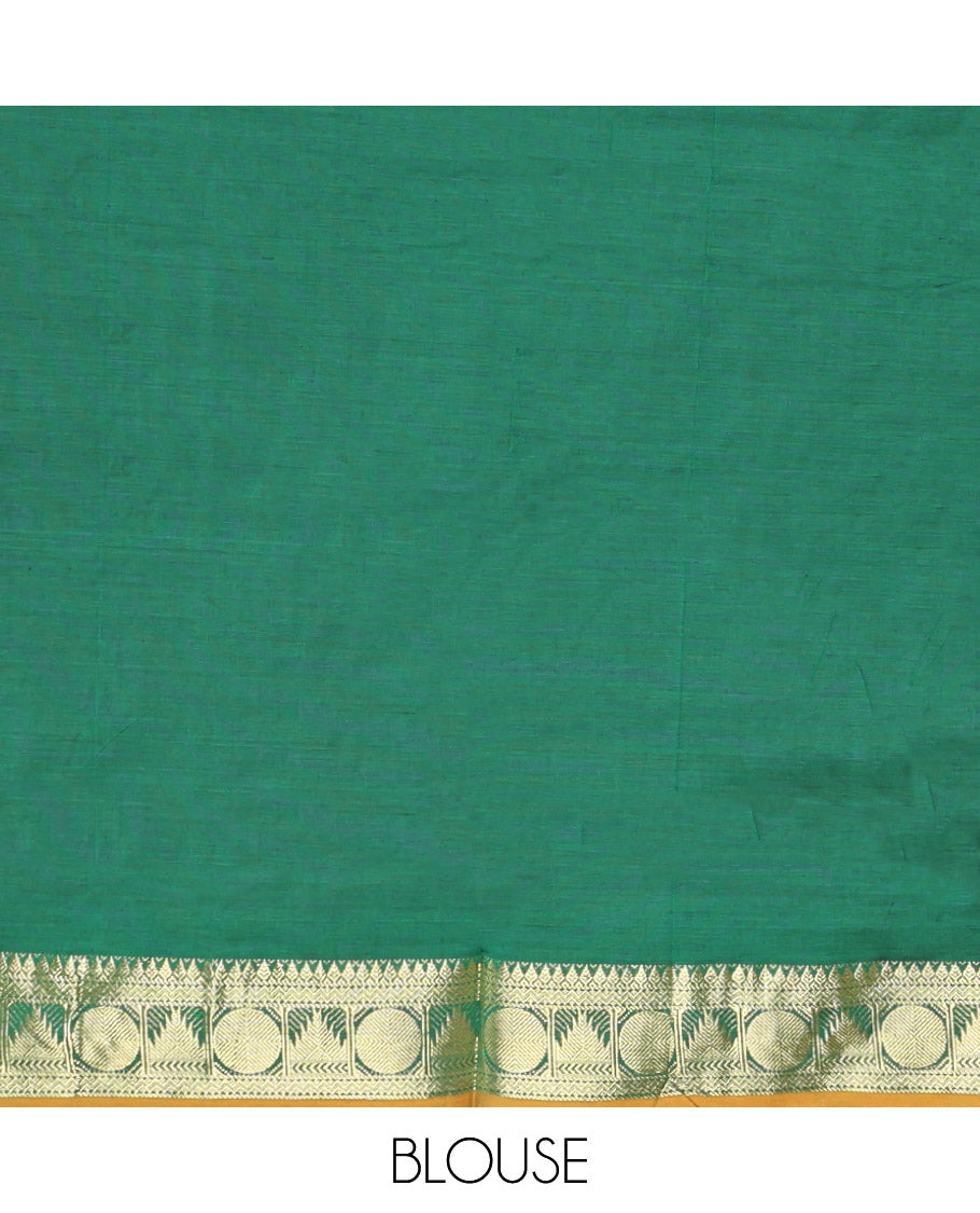 Rani Pink Plain Poly Cotton Saree, Complemented by a Contrast Traditional Zari Border of Temple and Rudraksham Designs, Contrast Striped Pallu, and Paired with a Contrast Blouse