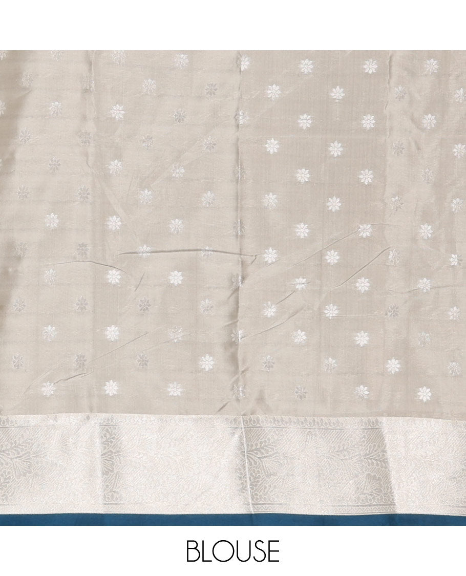 Blue silver zari manga buttas Elite soft silk saree, contrast traditional zari border, intricate zari pallu & contrast zari buttas blouse