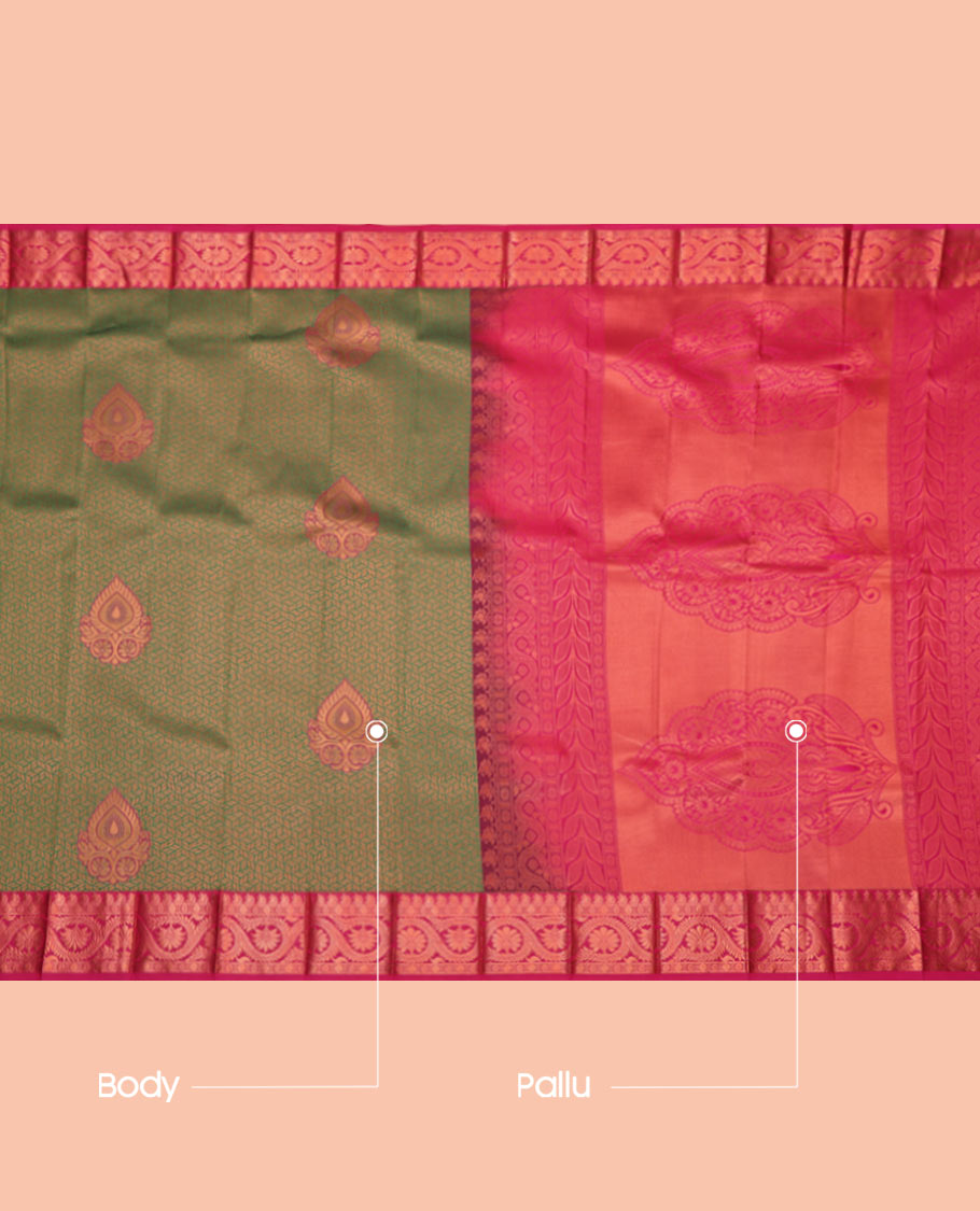 Green Budget Silk Saree, Richly Detailed with Jacquard Design, Complemented by a Contrast Traditional Zari Border, Grand Pallu, and Contrast Blouse