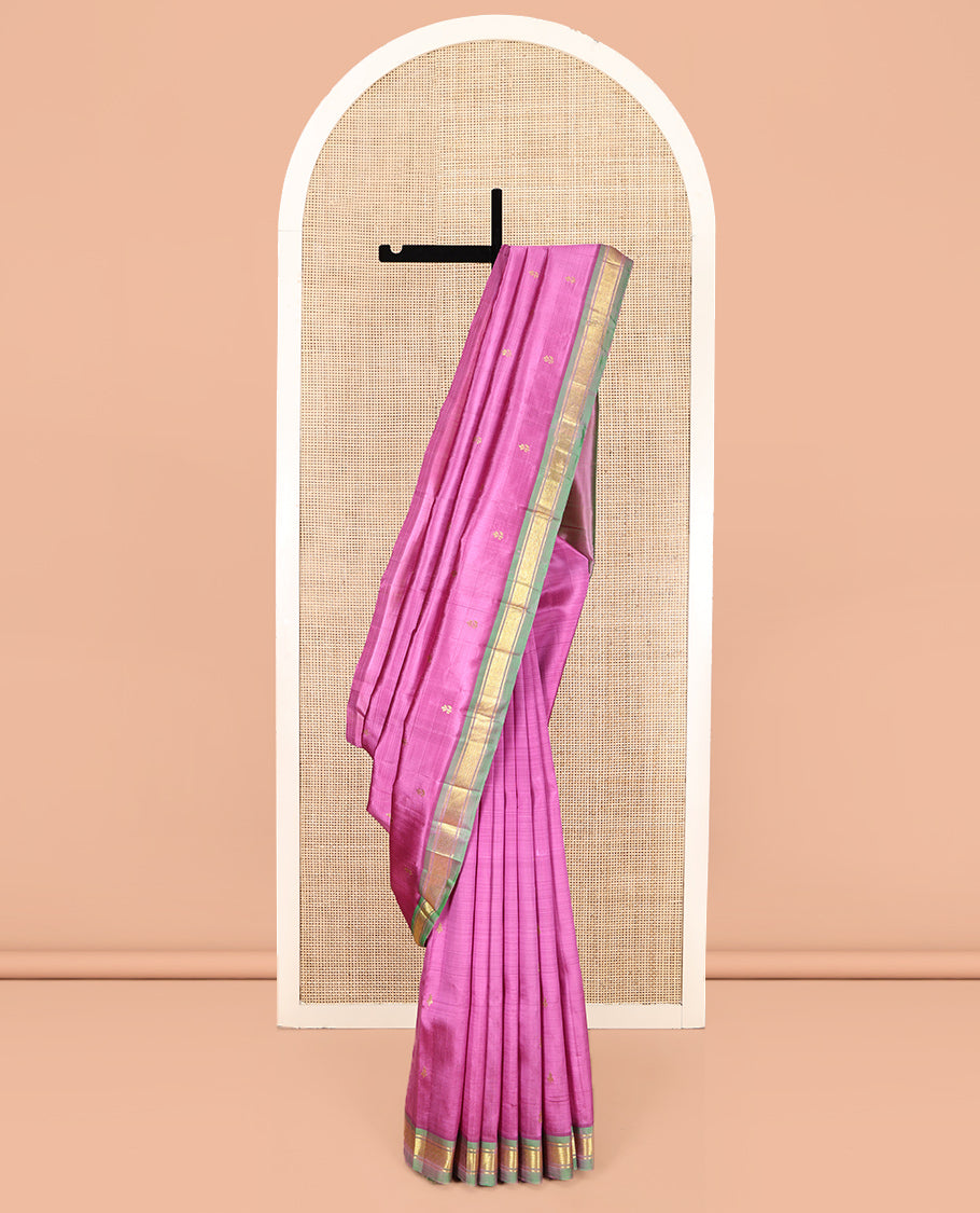 Pink Kanchipuram Silk Saree, Crafted with Zari Buttas, Complemented by a Contrast One-Sided Border of Banaras and Jaal Designs, Grand Pallu, and No Blouse