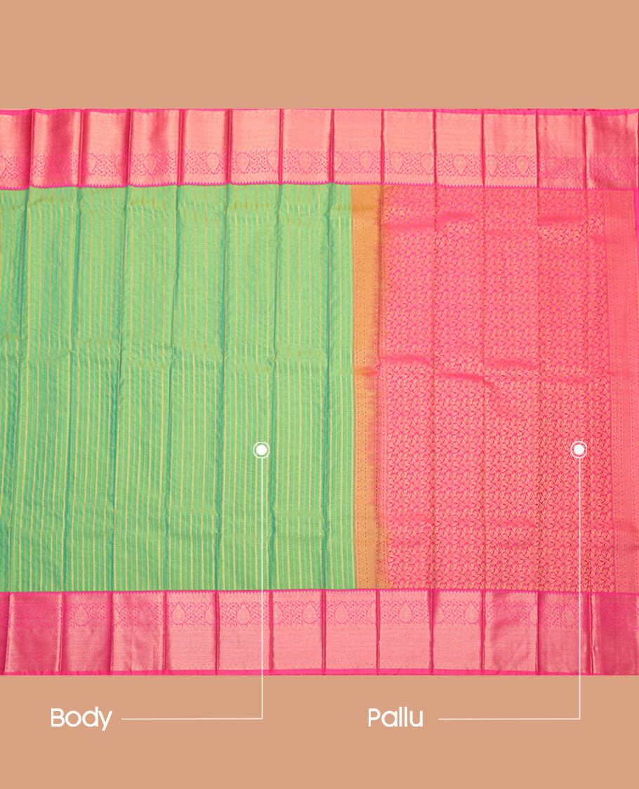 Green Budget Silk Saree, Accentuated with Zari Stripes, Complemented by a Contrast Traditional Zari Border, Grand Pallu, and a Contrast Blouse