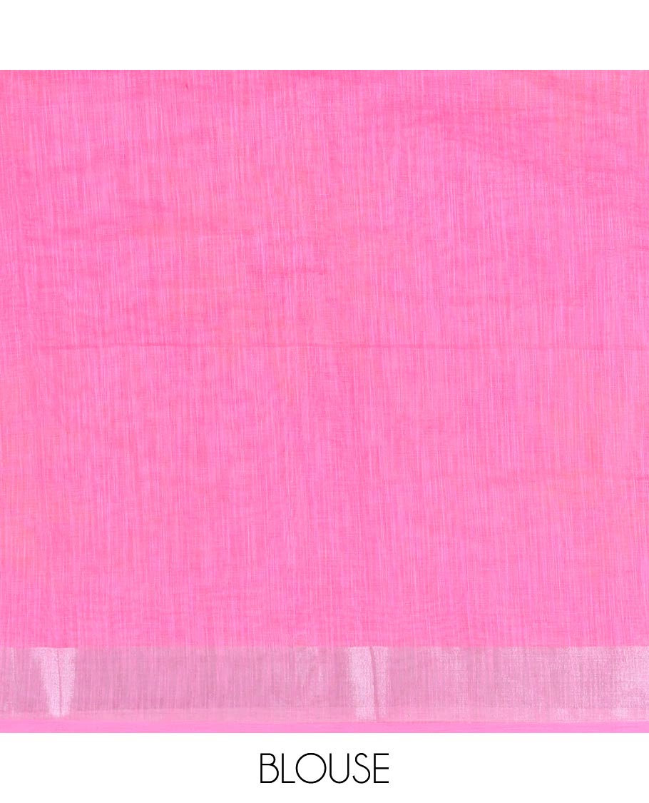 Rani Pink Linen Cotton Saree, Beautified with Sunflower Print, a Zari Border, and a Matching Blouse