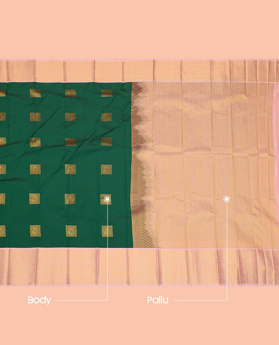 Green Budget Silk Saree, Detailed with Zari Buttas, Complemented by a Contrast Traditional Border, Jaal Pallu, and a Contrast Blouse