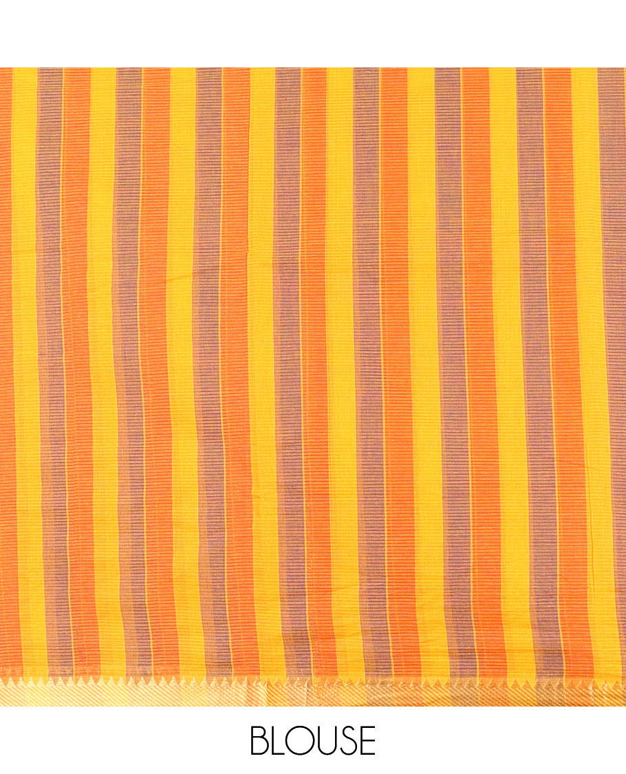Orange Plain Andhra Cotton Saree Featuring Temple Zari Border, Contrast Striped Pallu, and a Contrast Blouse