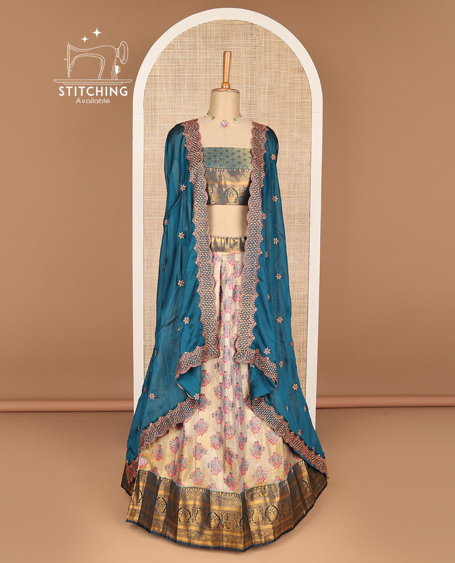 Cream floral buttas banaras half saree with contrast zari design border , zari design blouse & floral zari design dhavani