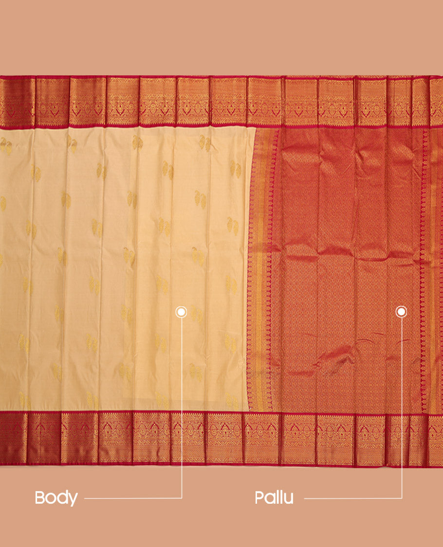 Sandal Budget Silk Saree, Sparsely Sparkled with Zari Buttas, Complemented by Contrast Traditional Zari Border, Grand Pallu, and a Contrast Blouse
