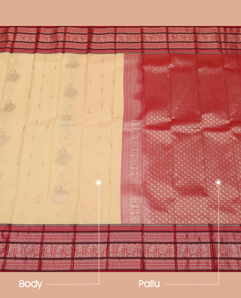 Yellow Budget Silk Saree, Sparsely Sparked with Zari Buttas On Its Body, Complemented by Contrast Traditional Zari Designs Woven Border, Grand Pallu and Paired with a Contrast Blouse