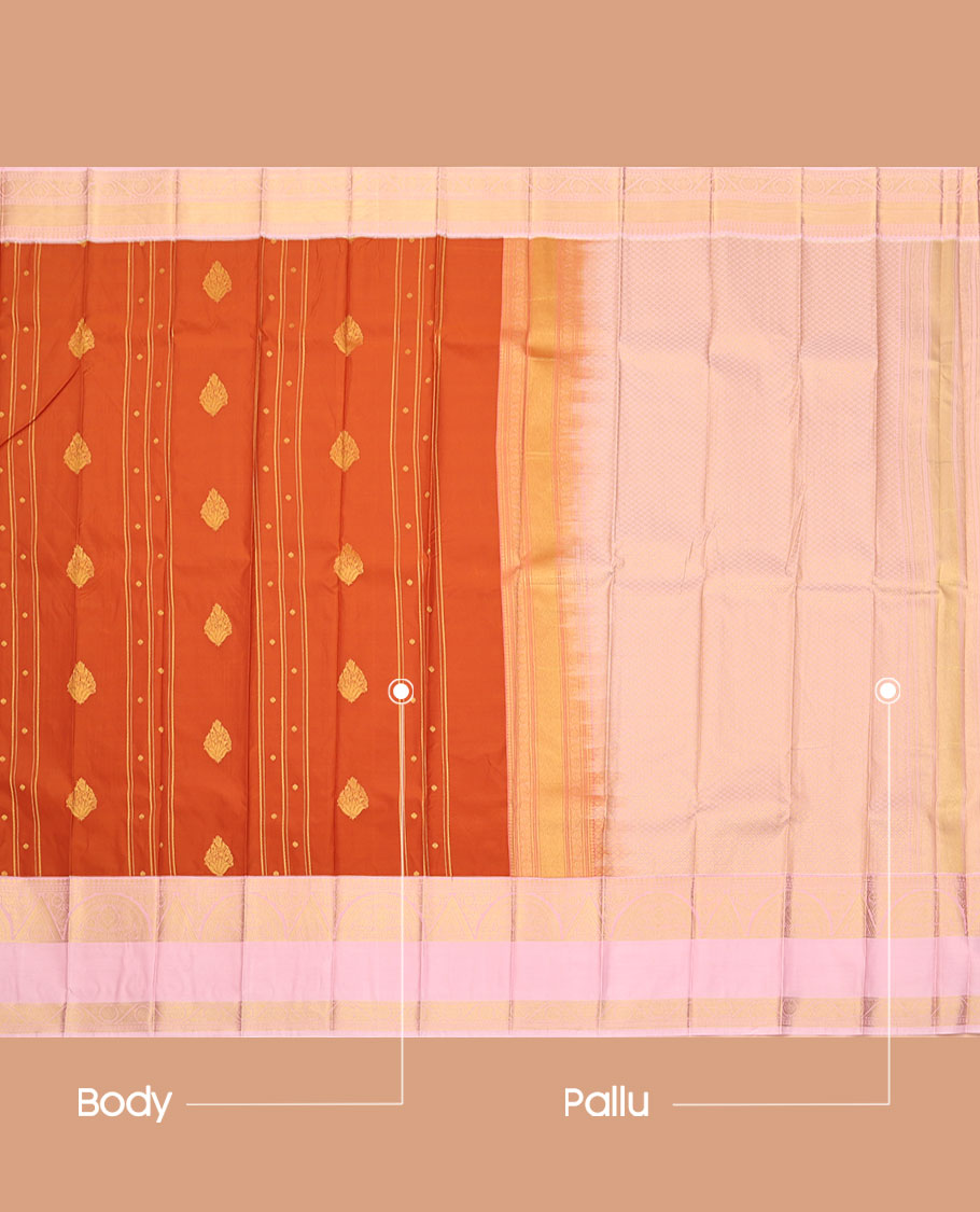 Orange Budget Silk Saree, Adorned with Zari Buttas and Stripes All Over Its Body, Complemented by a Contrast Traditional Zari Design Rettai Pettu Border, Sparsely Woven Jaal Pallu, and Paired with a Contrast Blouse