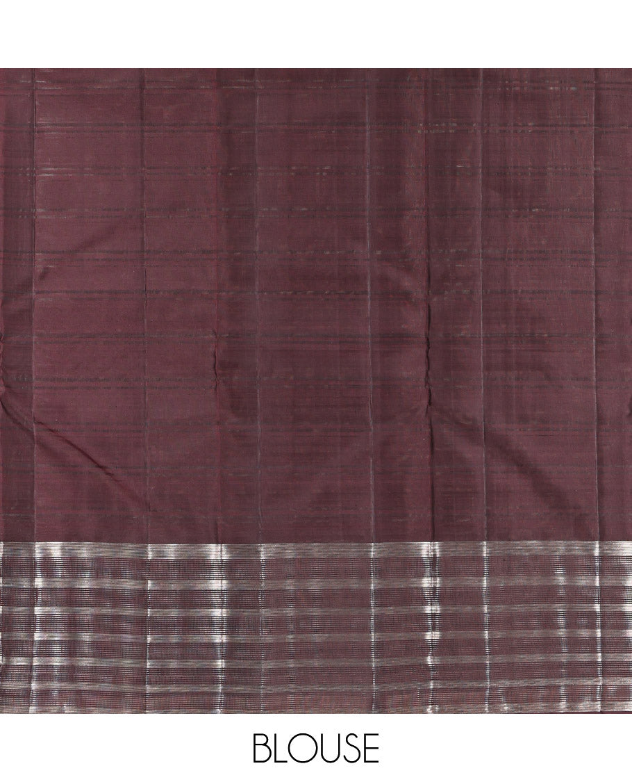 Off-White Kanchipuram Silk Saree, Subtly Sparkled with Buttas and Stripes, Complemented by Contrast Zari Striped Border, Pallu of Intricate Designs, and a Contrast Blouse