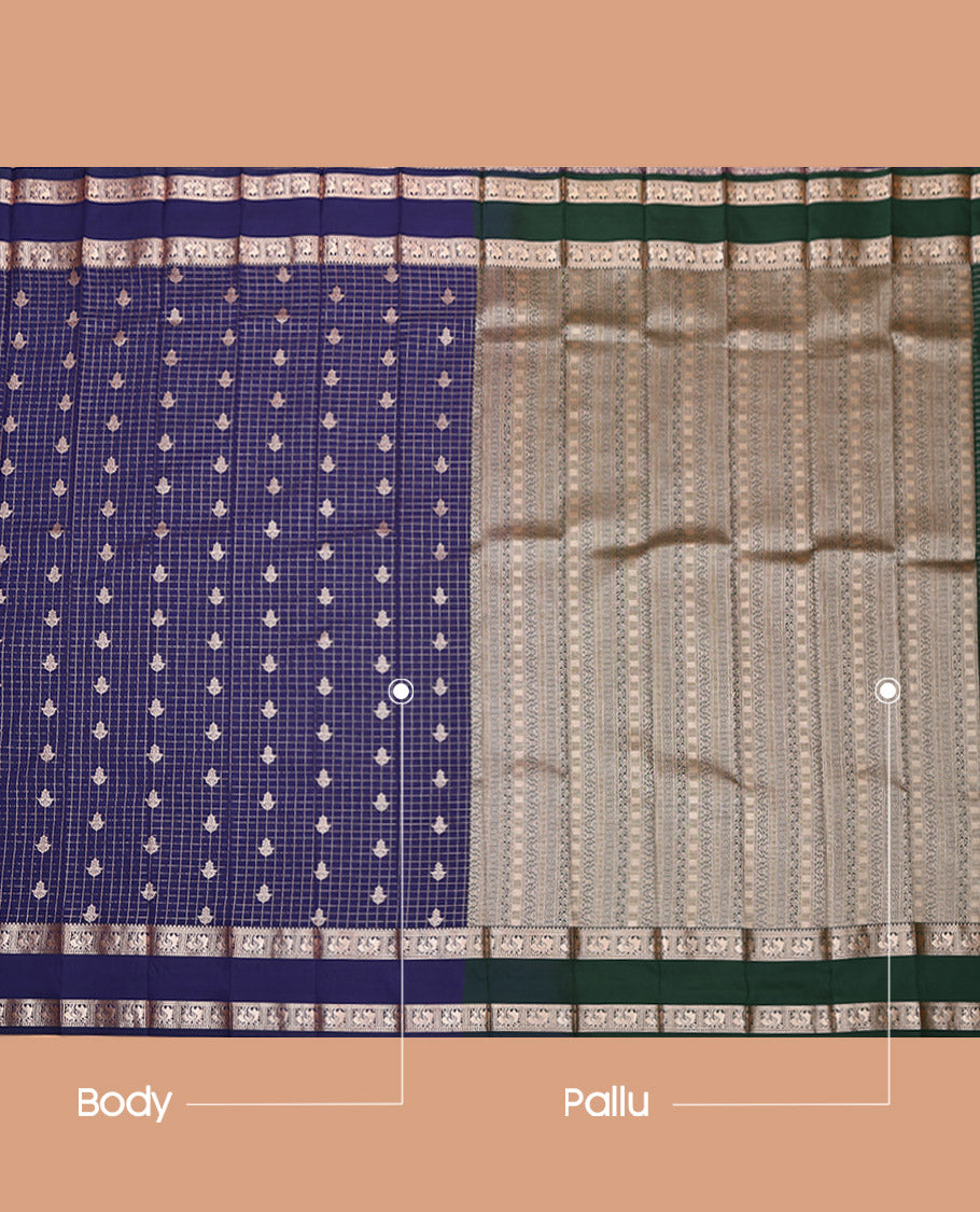 Blue Budget Silk Saree, Enriched with Zari Buttas and Checks, Complemented by a Traditional Zari Rettai Pettu Border, Contrast Intricate Pallu, and a Contrast Blouse