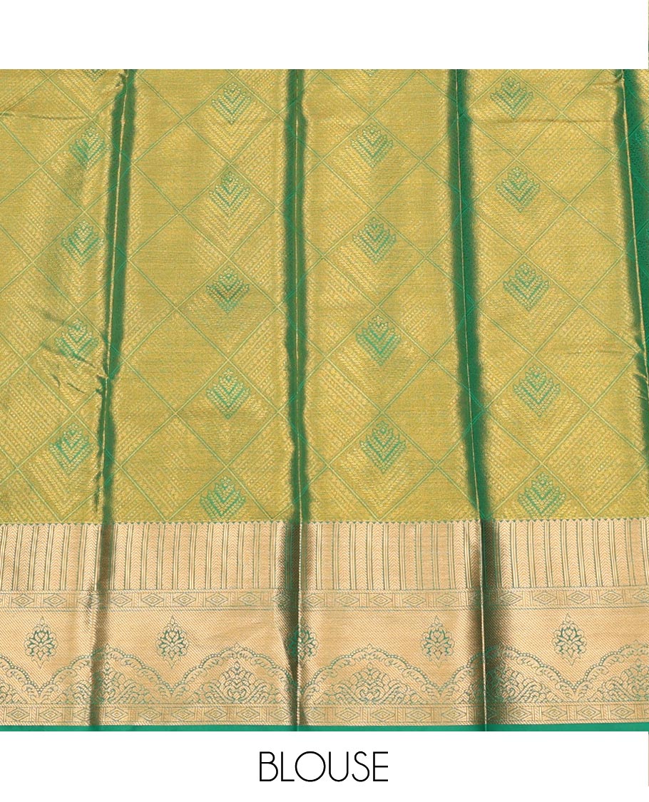 Gold Art Silk Pavadai Material Set, Dazzled with Jacquard Design on Its Skirt, Complemented by a Contrast Traditional Zari Design Border, and Paired with a Contrast Blouse