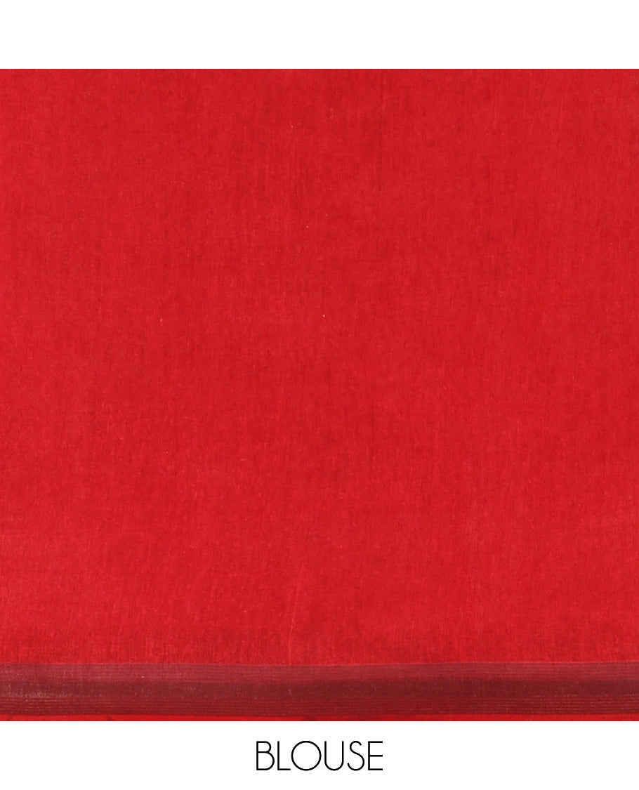Red Tussar Saree, Crafted with Floral Print, Geometric Printed Border, Intricate Pallu, and a Matching Blouse