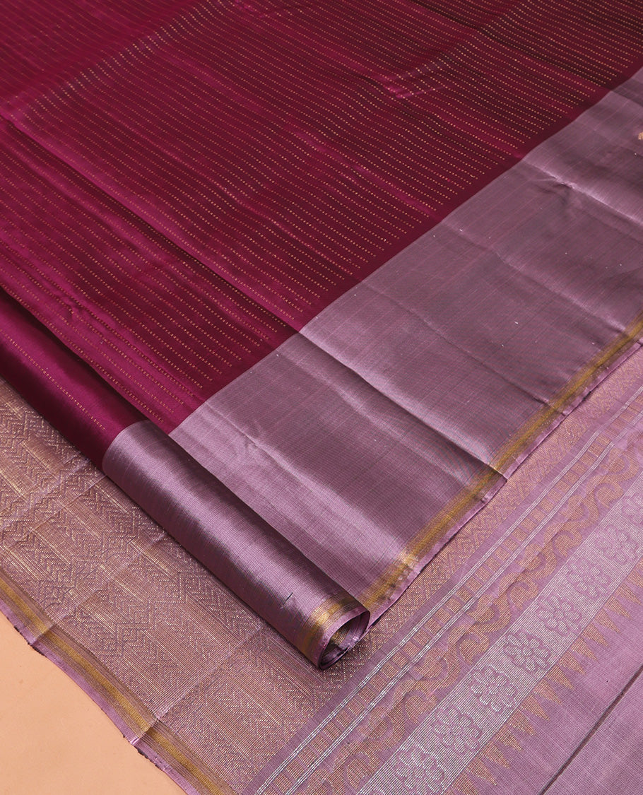 Purple Mayuri Lite Silk Mix Saree, Adorned with Muthu Stripes, Complemented by a Contrast Yaanai Zari Border, an Intricate Pallu, and a Contrast Blouse