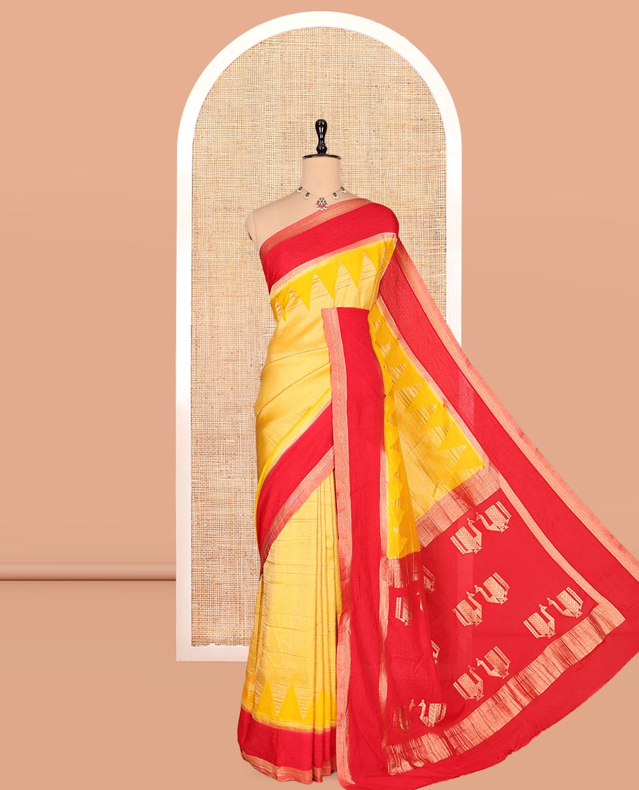 Yellow Wrinkle Crepe Saree, Contrast Temple Border, Peacock Pallu, and a Contrast Blouse