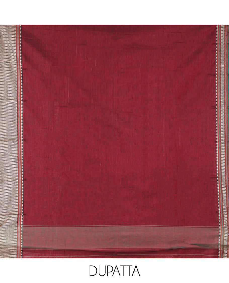 Maroon Mercerised Cotton Material Churidar Features Plain Top, Contrast Traditional Thread Border, Plain Bottom, Matching Dupatta