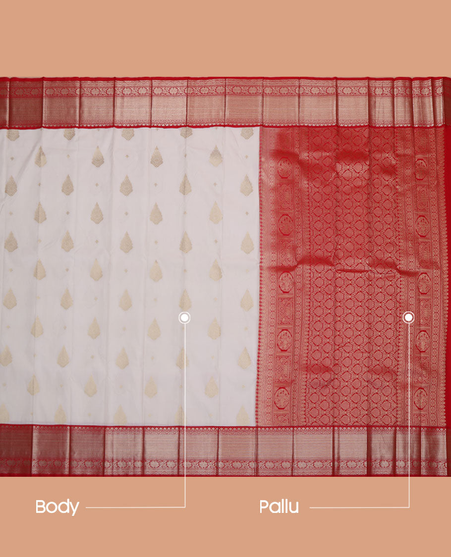 Cream Budget Silk Saree, Enthralled with Zari Buttas All Over Its Body, Complemented by a Contrast Traditional Zari Design Border, Pallu Features Intricate Designs, and Paired with a Contrast Blouse