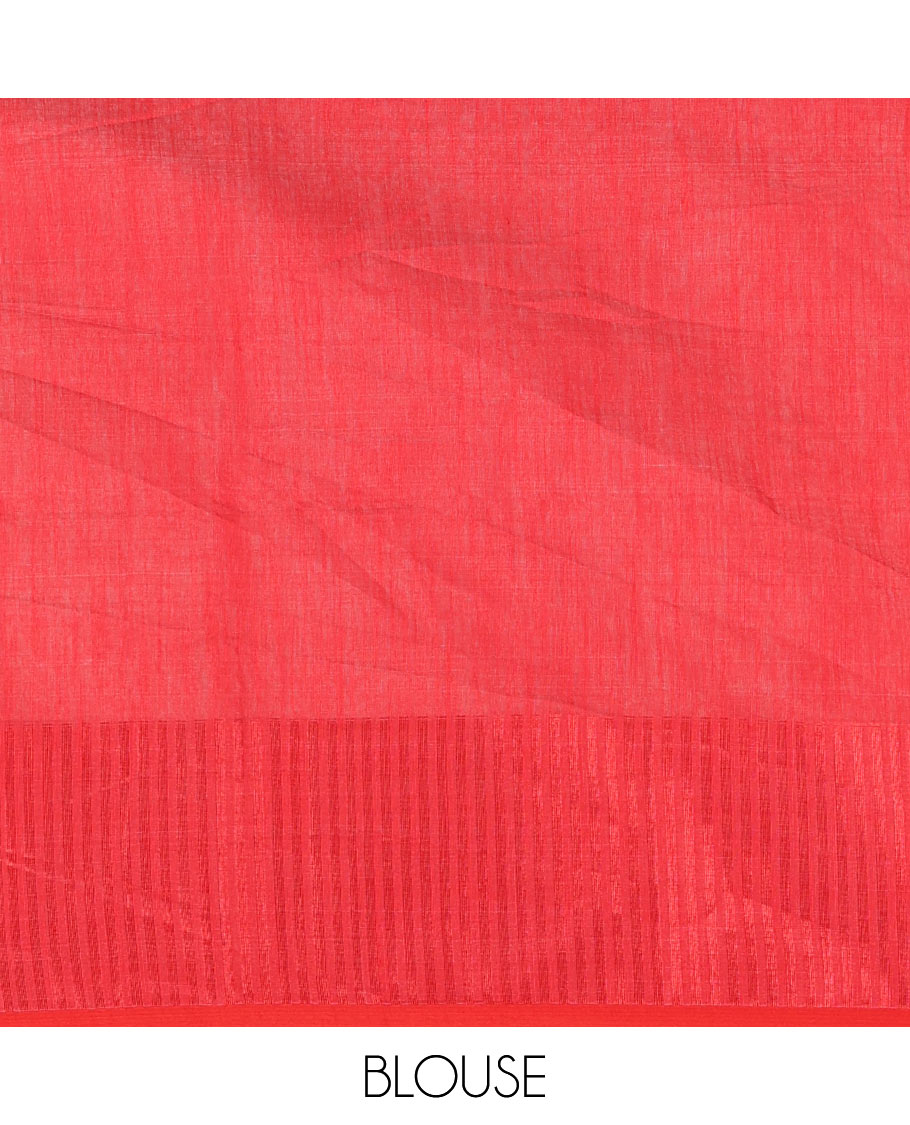 Half-white and red plain khadi mul cotton saree, contrast thread temple border, plain pallu, and a contrast plain blouse