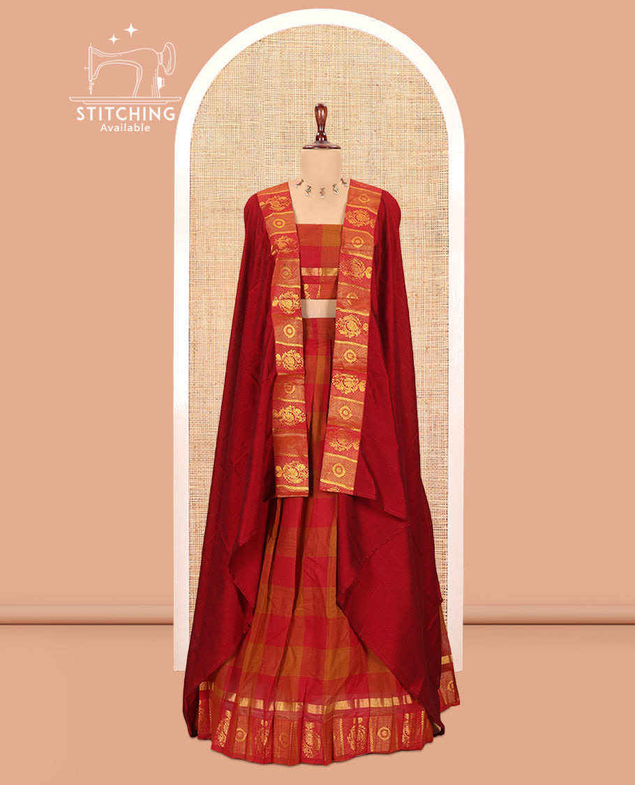 Brown-Maroon Chettinad Cotton Half-Saree