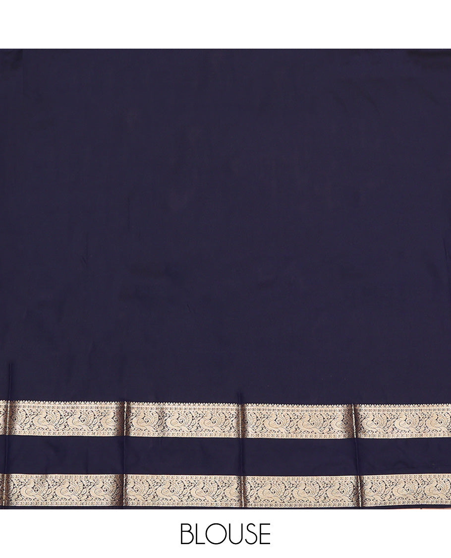 Dark Blue Budget Silk Saree, Adorned with Zari Chakram Buttas On Its Body, Highlighted by Traditional Rettai Pettu Border of Peacock Designs, Grand Jaal Pallu and Paired with a Matching Blouse
