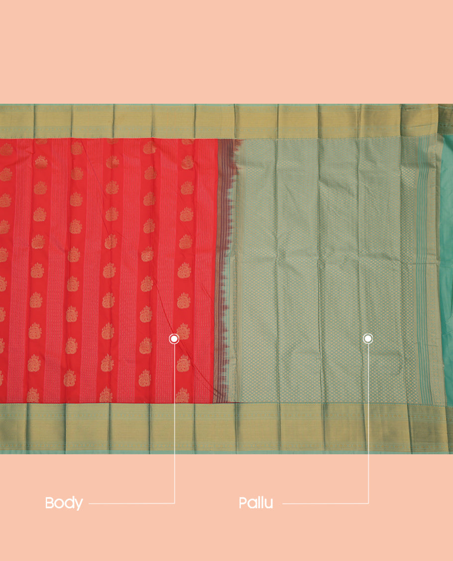 Red Budget Silk Saree, Enriched with Zari Buttas and Stripes, a Contrast Traditional Zari Border, Jaal Pallu, and a Contrast Blouse