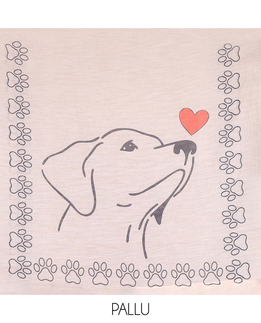 Cream Plain Linen Cotton Saree, a Dog Pow Printed Zari Border, Dog Motif Printed Pallu and a Matching Blouse