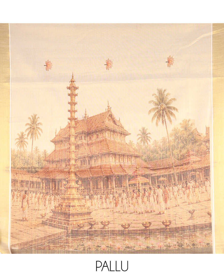 Gold Kerala Cotton Saree, Accentuated with Flower Motif Print, a Zari Border, Pallu of Temple Motifs, and a Contrast Blouse
