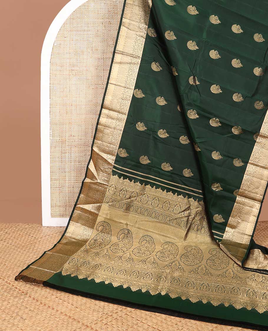 Bottle green leaf buttas silk saree with self floral design border & floral, paisley design pallu