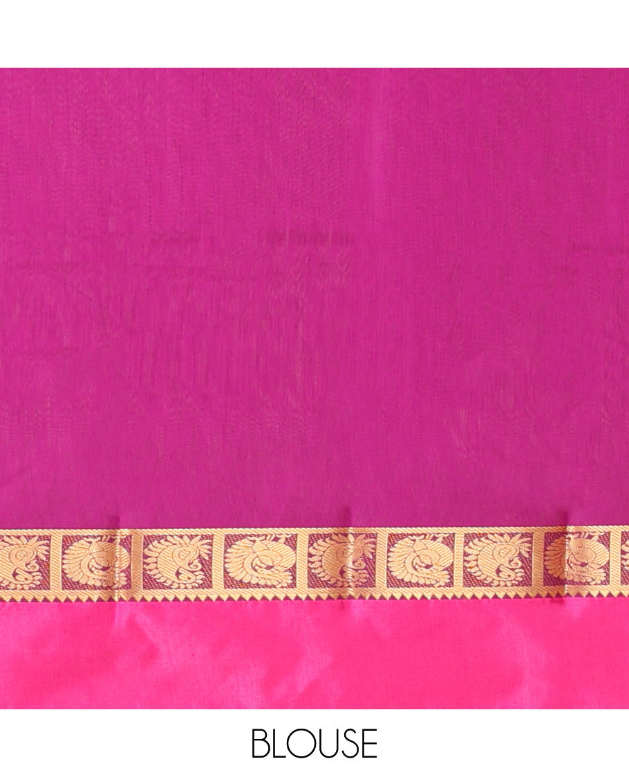 Rani Pink Semi-Silk Cotton Saree, Woven with Zari Buttas All Over Its Body, Complemented by a Contrast Kal Eragina Border of Peacock Designs, Pallu Steeped with Elephant Zari Motifs, and Paired with a Matching Blouse
