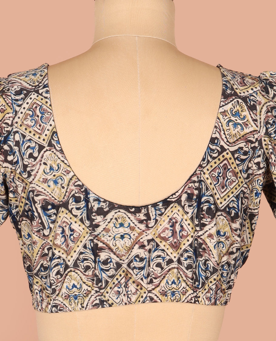 Multi-Color Readymade Blouse Beautifully Bedecked with Geometric Print, Featuring Front Round-Neck, Back Round Neck, and Puff Sleeves
