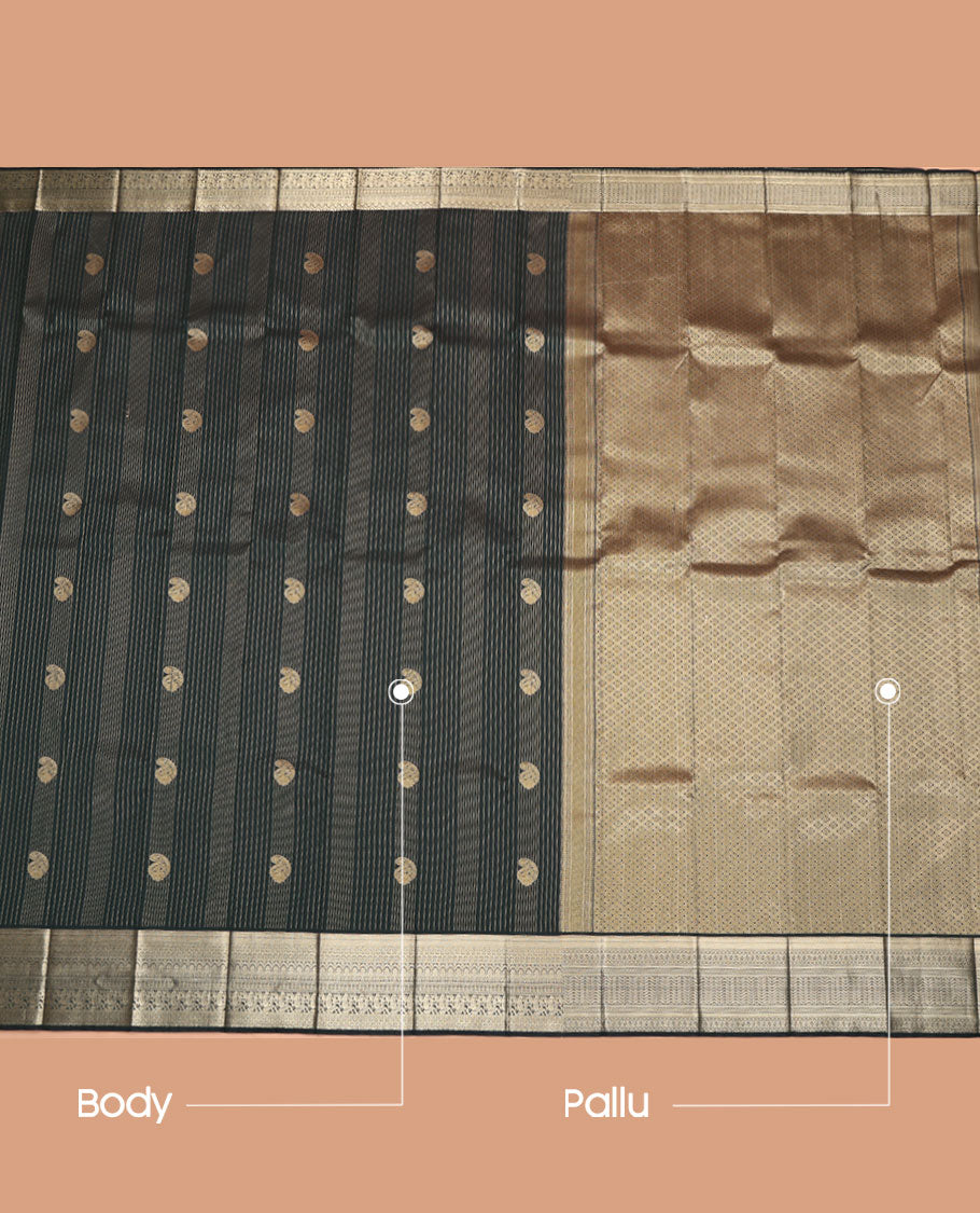 Green Budget Silk Saree, Bedecked with Paisley Buttas and Zari Stripes All Over Its Body, Highlighted by a Traditional Zari Design Border, Pallu of Jaal Design, and Paired with a Matching Blouse