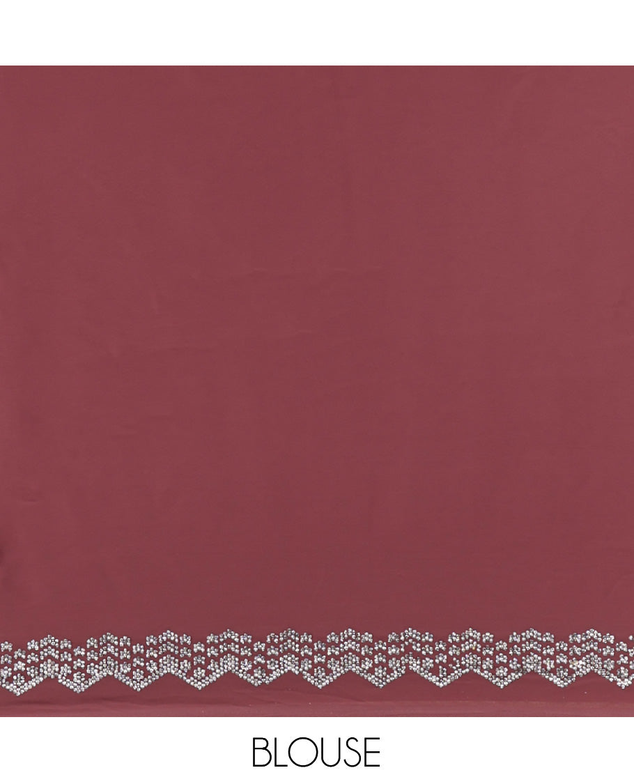 Dark Rosewood Pink Designer Saree, Decorated with Stones All Over Its Body, a Scallop Stone Work Border, and Matching Blouse