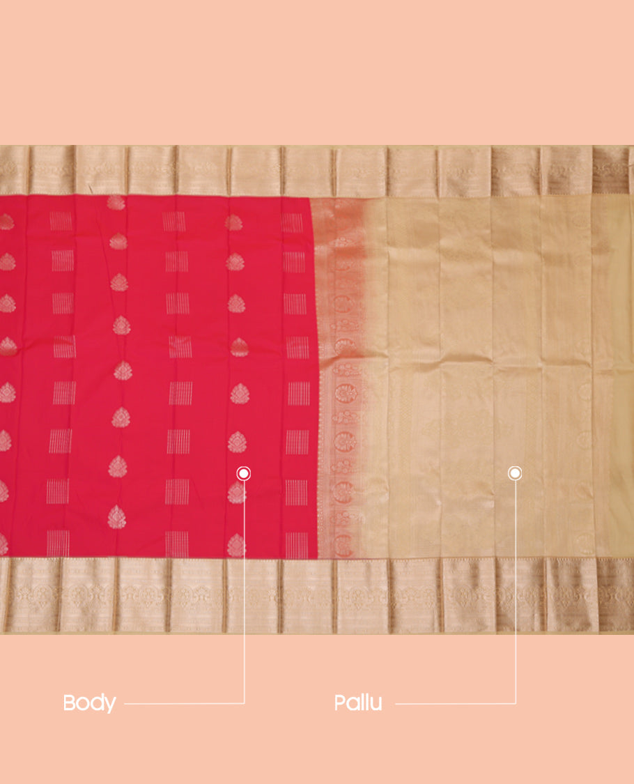 Red Budget Silk Saree, Decorated with Zari Buttas, Complemented by a Contrast Traditional Zari Border, Grand Pallu, and a Contrast Blouse