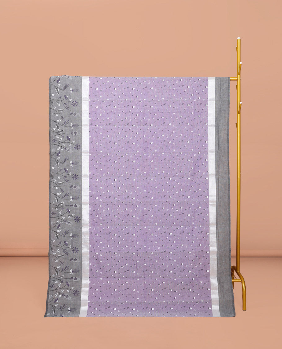 Lavender Chirala Cotton Saree, Steeped with Buttas, a Contrast Floral Border, Printed Pallu, and a Contrast Blouse