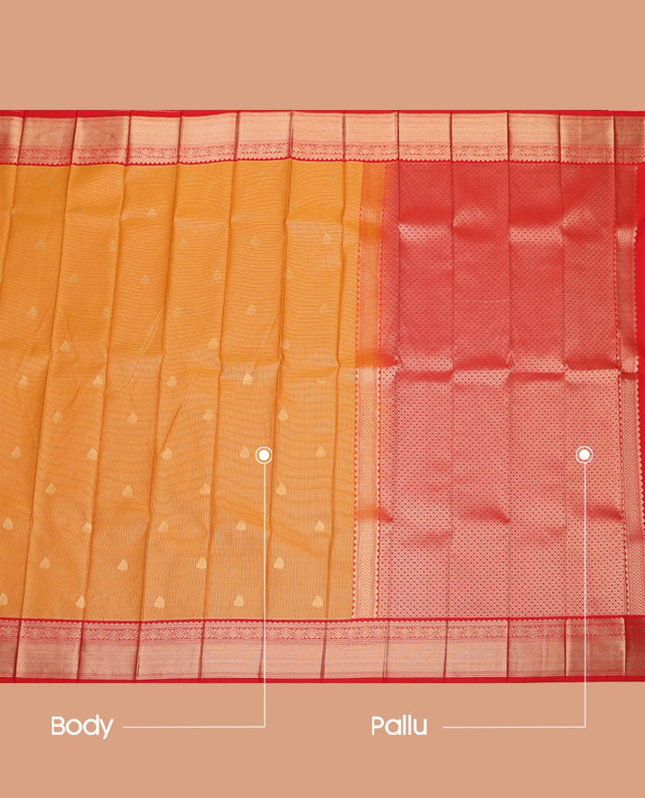 Orange Budget Silk Saree, Charmingly Accented with Zari Buttas and Micro-Checks on Its Body, Complemented by a Contrast Traditional Zari Design Border, Jaal Pallu, and Paired with a Contrast Blouse